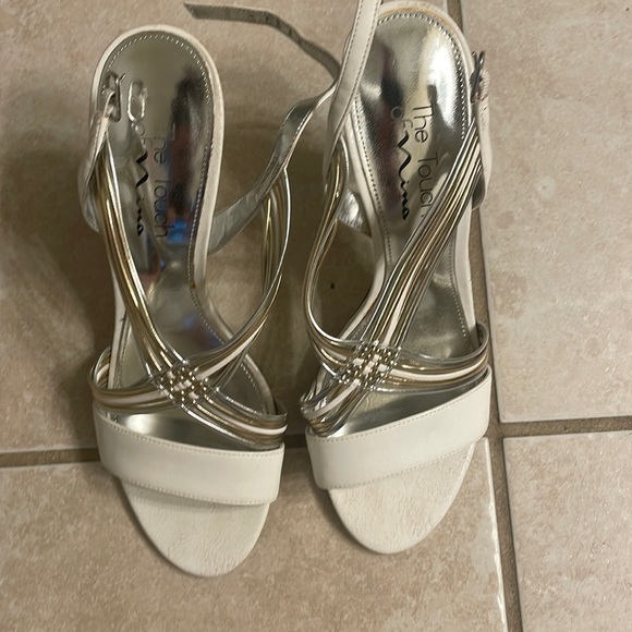 White Strappy Heels with Silver & Gold - Picture 1 of 5